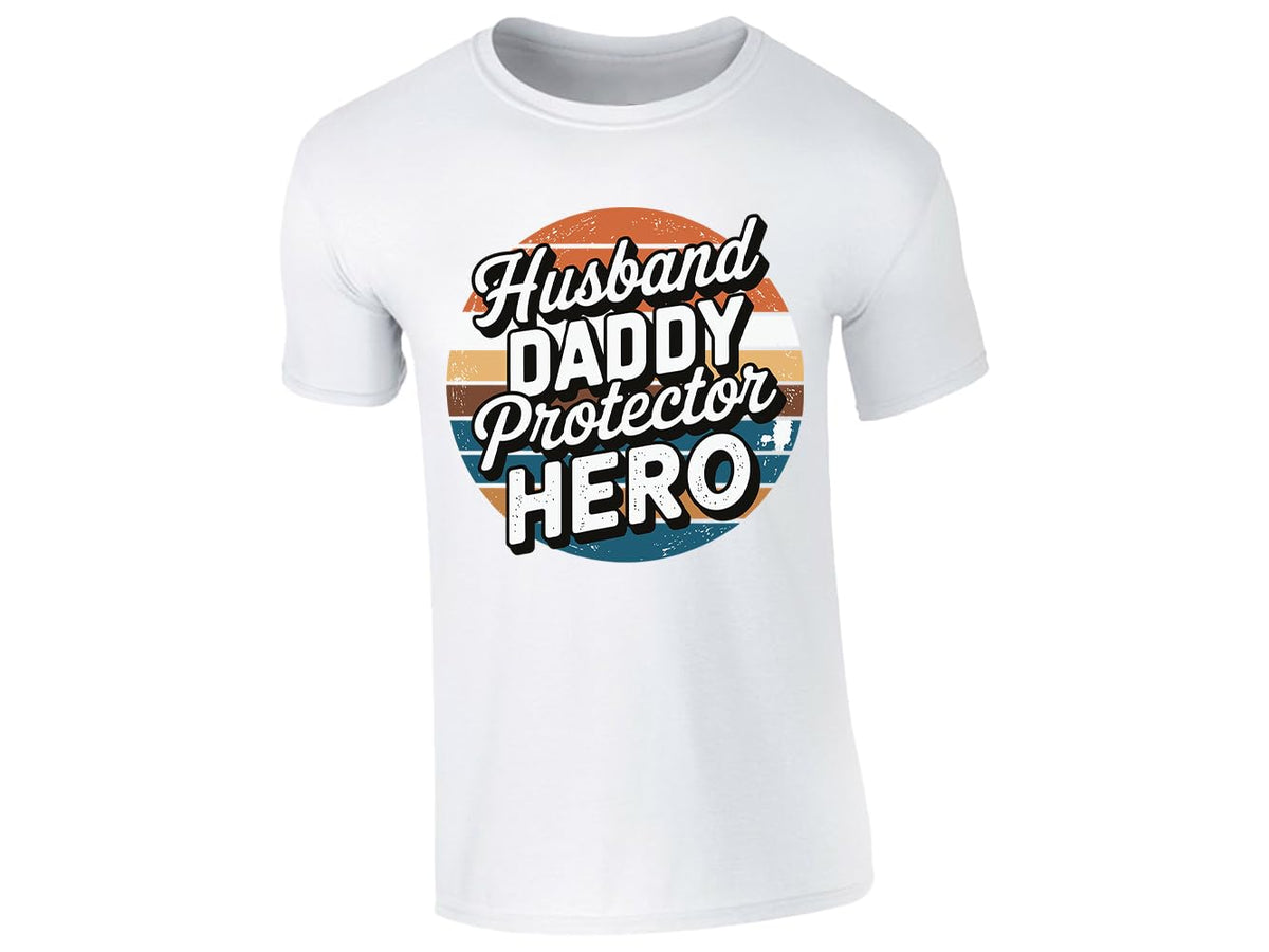 White men's T-shirt with “Husband, Daddy, Protector, Hero” retro sunset design
