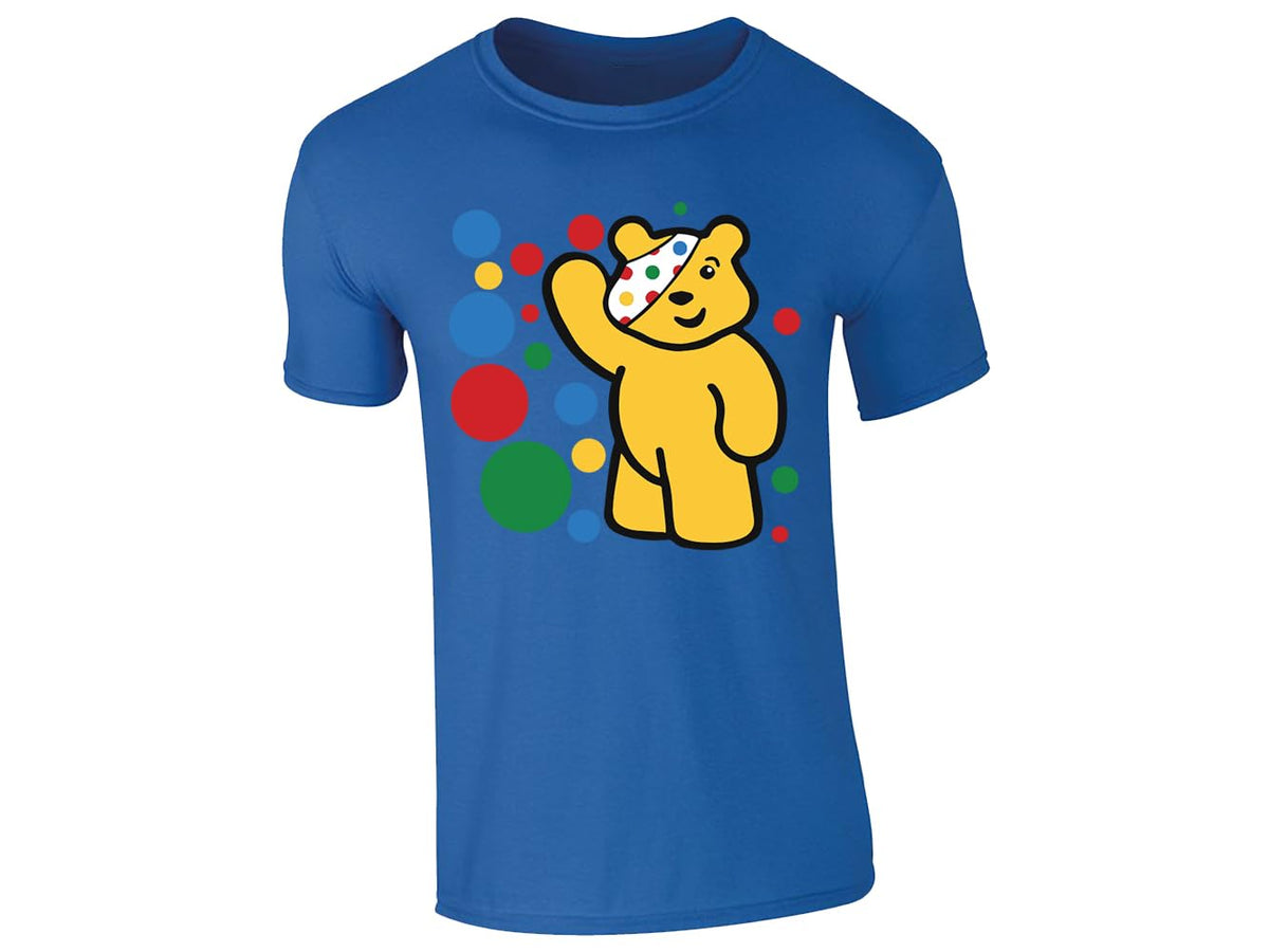 Royal Blue kids' T-shirt with waving spotty bear with coloured dots design