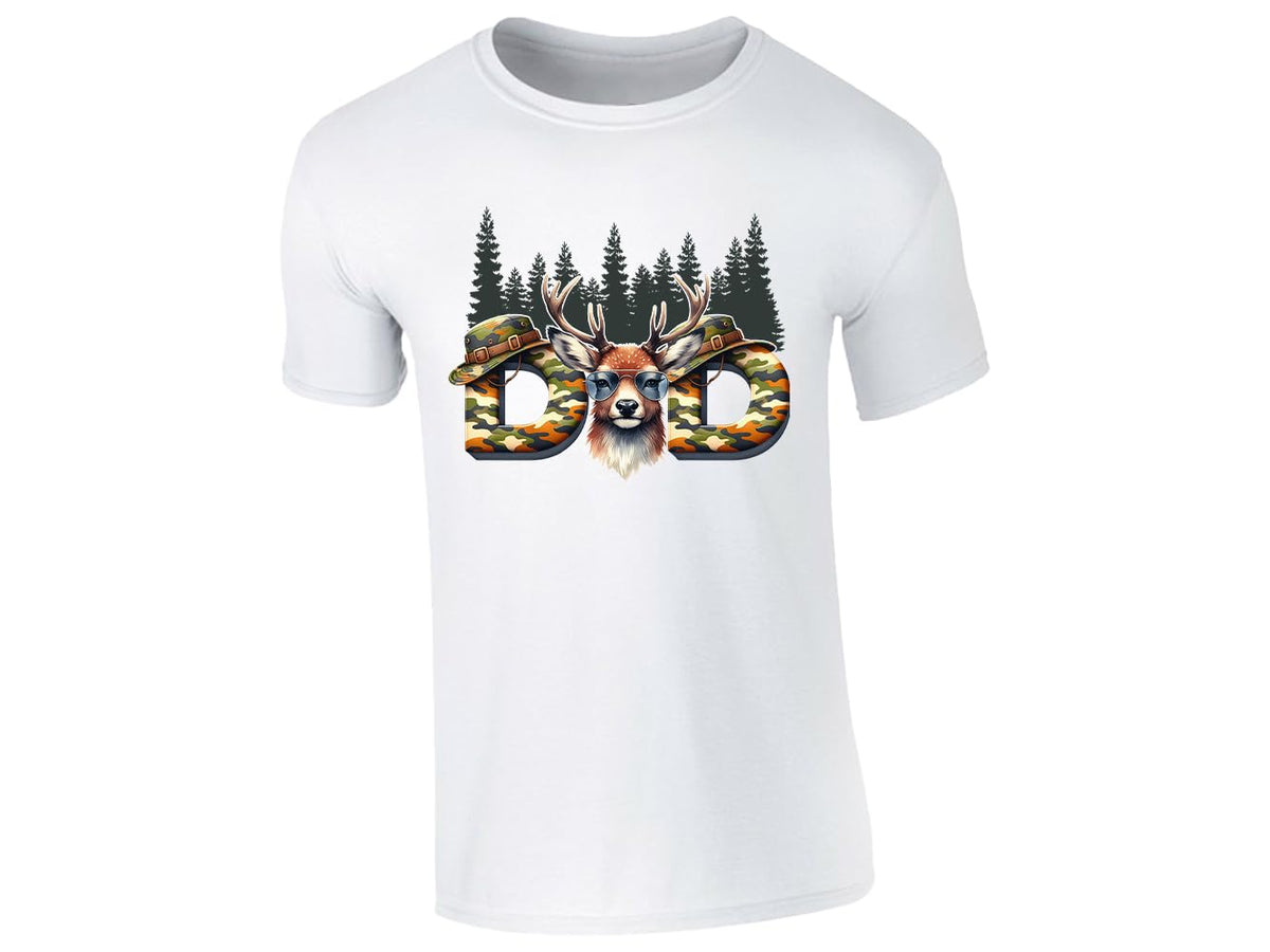 White men's T-shirt with “DAD” deer head camo design