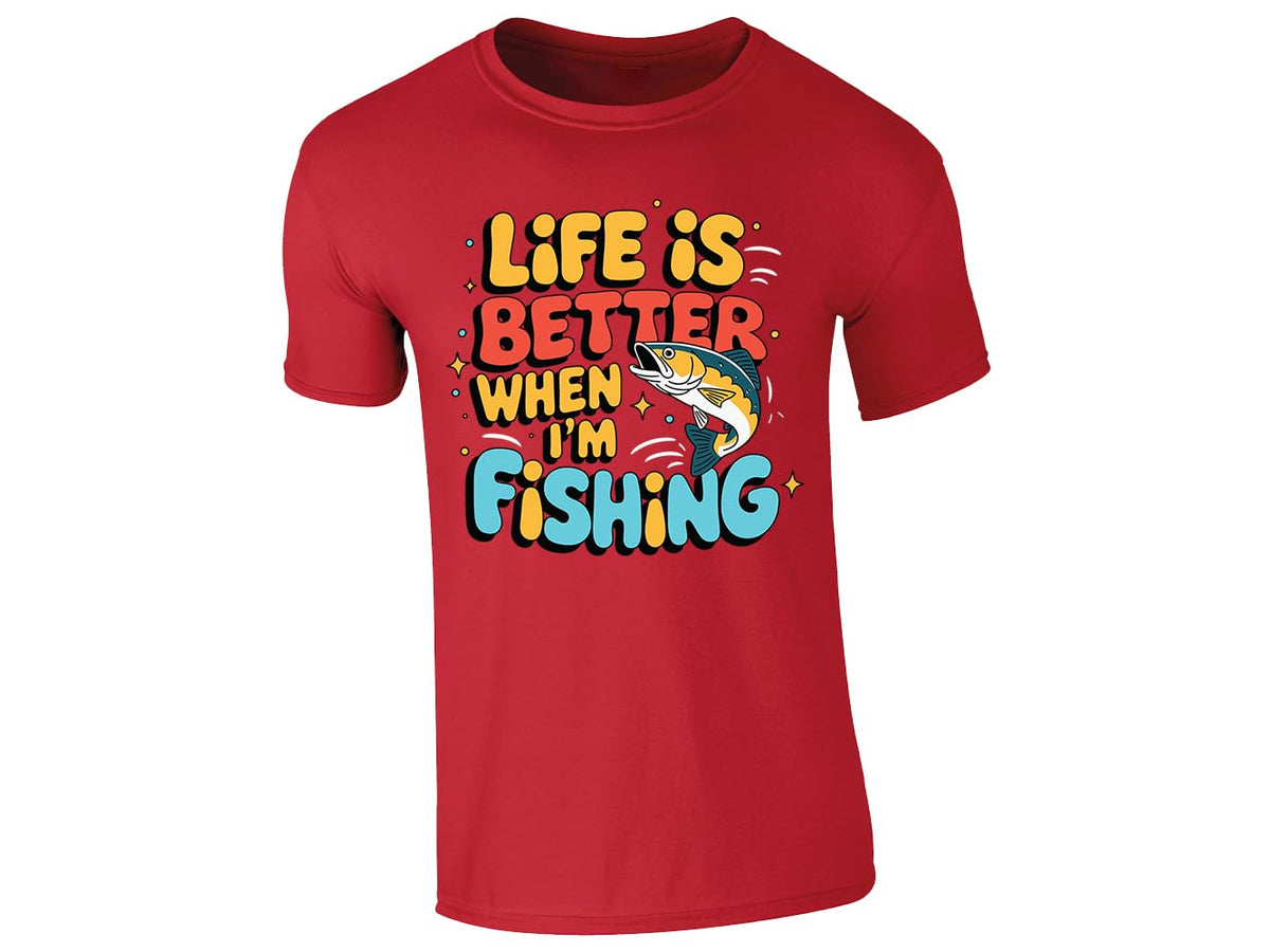 Red men's T-shirt with “Life is better when I’m fishing” design