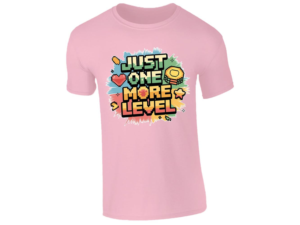 Light Pink kids' T-shirt with “Just one more level” design