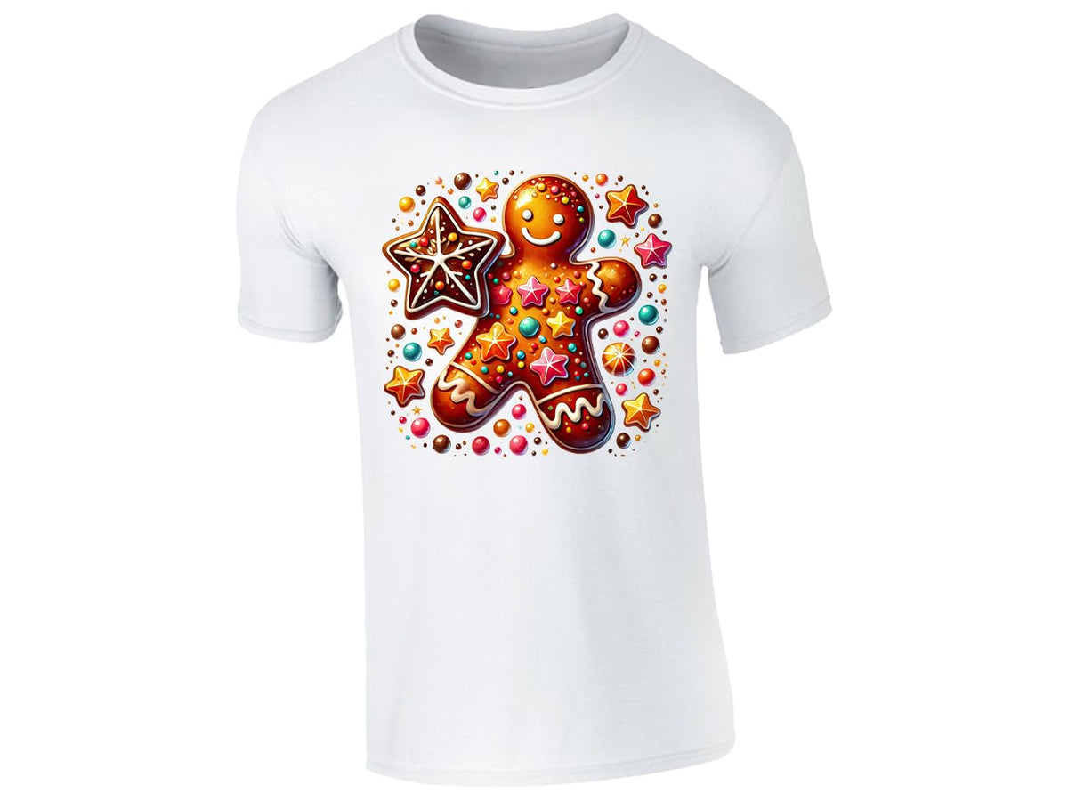 White men's T-shirt with gingerbread man and Christmas sweets design