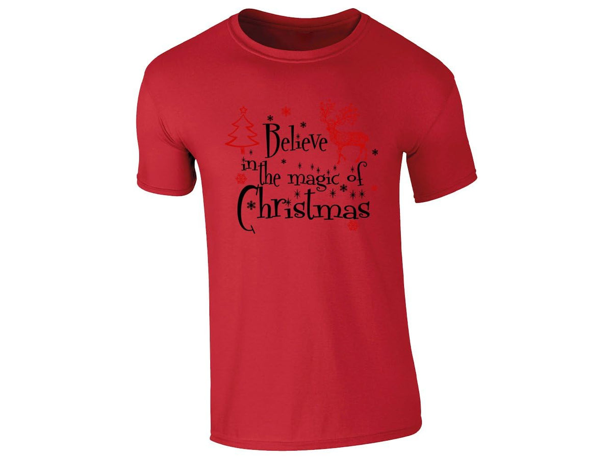 Red men's T-shirt with a red reindeer, a Christmas tree and Believe in the Magic of Christmas
