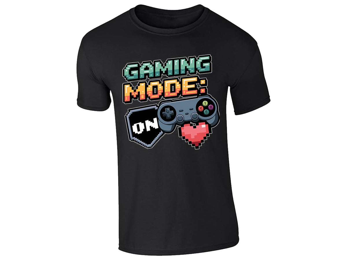Black men's T-shirt with “Gaming mode: ON” controller and pixel heart design