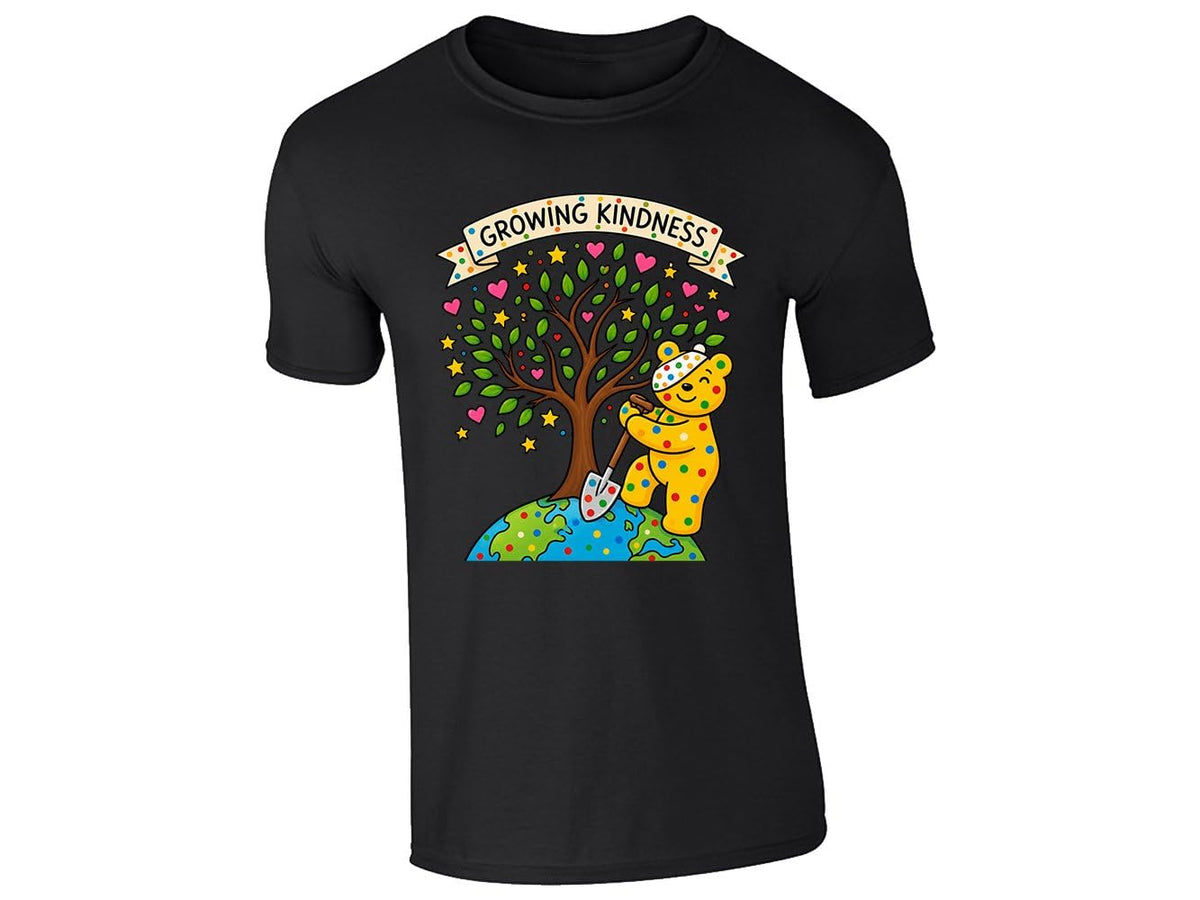 Black kids' T-shirt with “Growing Kindness” spotty bear and heart tree design