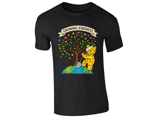 Black kids' T-shirt with “Growing Kindness” spotty bear and heart tree design