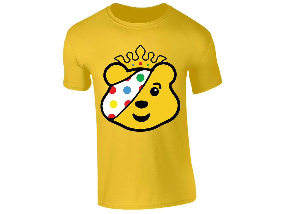 Yellow kids' T-shirt with crowned spotty bear face design