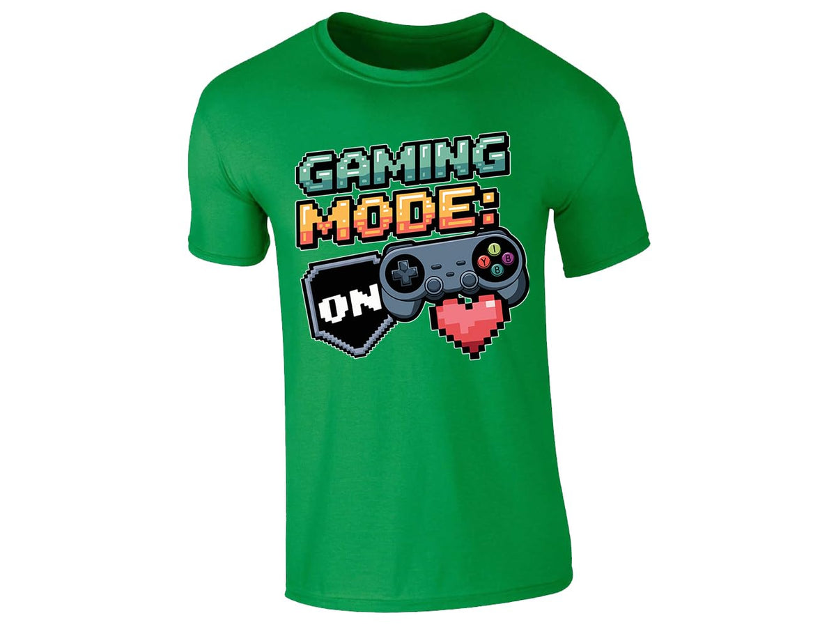 Irish Green kids' T-shirt with “Gaming mode: ON” controller and pixel heart design