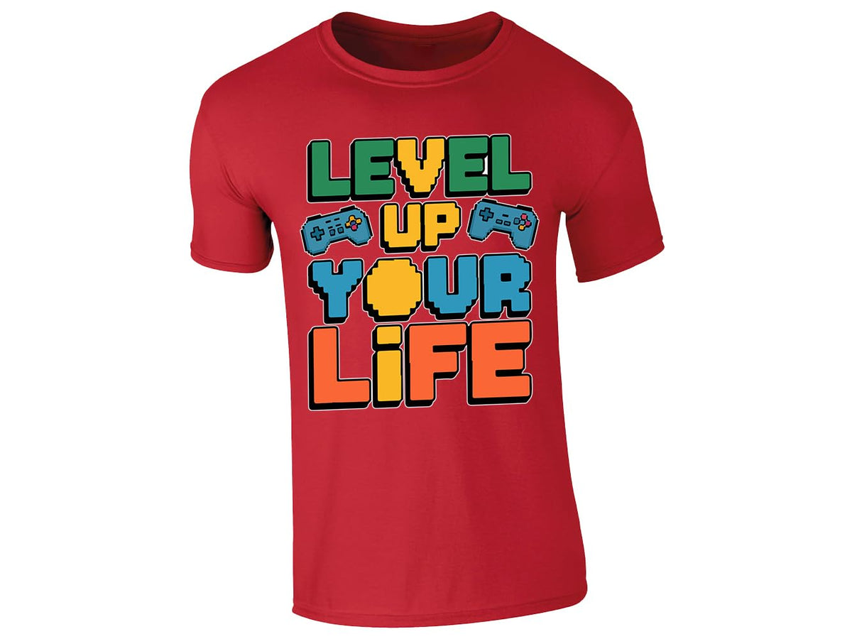 Red kids' T-shirt with “Level up your life” controller design