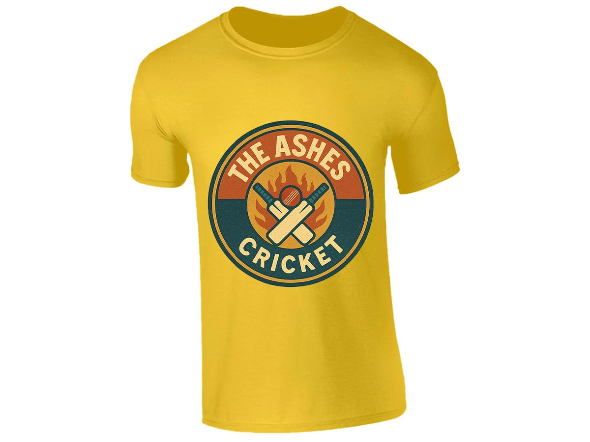 Yellow men's T-shirt with a round retro “The Ashes Cricket” badge with crossed bats