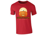 Red kids' T-shirt with “Spooky Season – Est. October 31” pumpkin and moon design