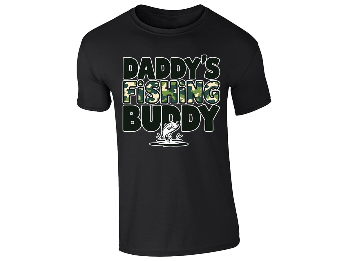 Black men's T-shirt with “Daddy’s fishing buddy” camo design