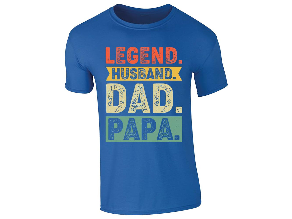 Royal Blue men's T-shirt with “Legend. Husband. Dad. Papa.” design