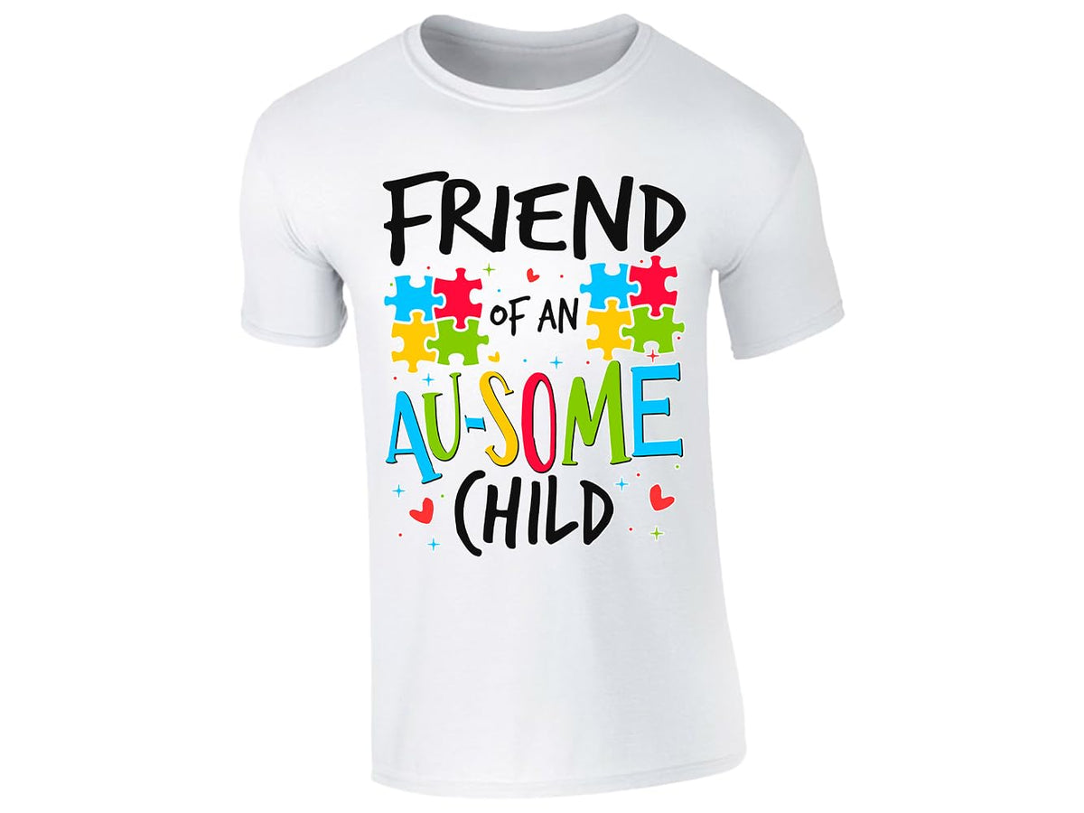 White kids' T-shirt with “Friend of an Au-some child” puzzle piece design