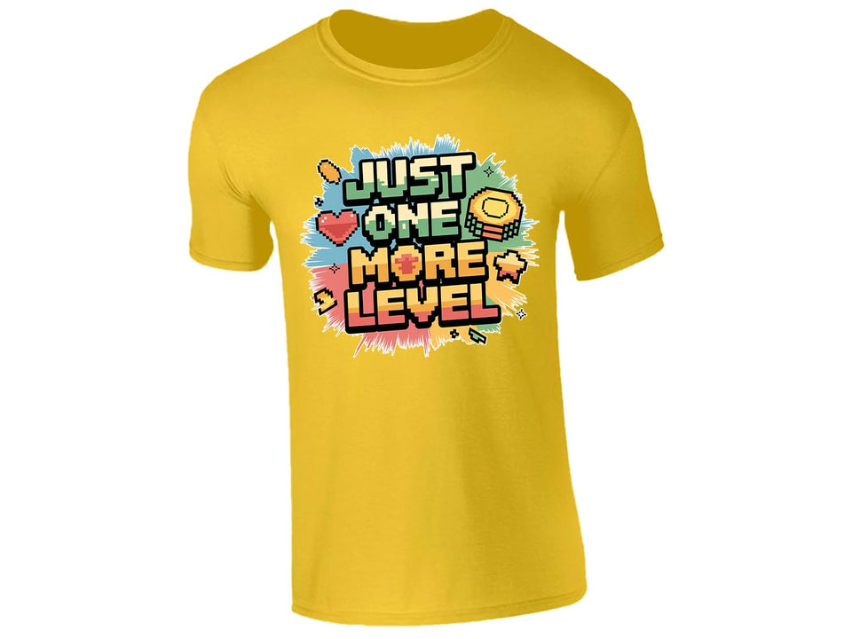 Yellow men's T-shirt with “Just one more level” design