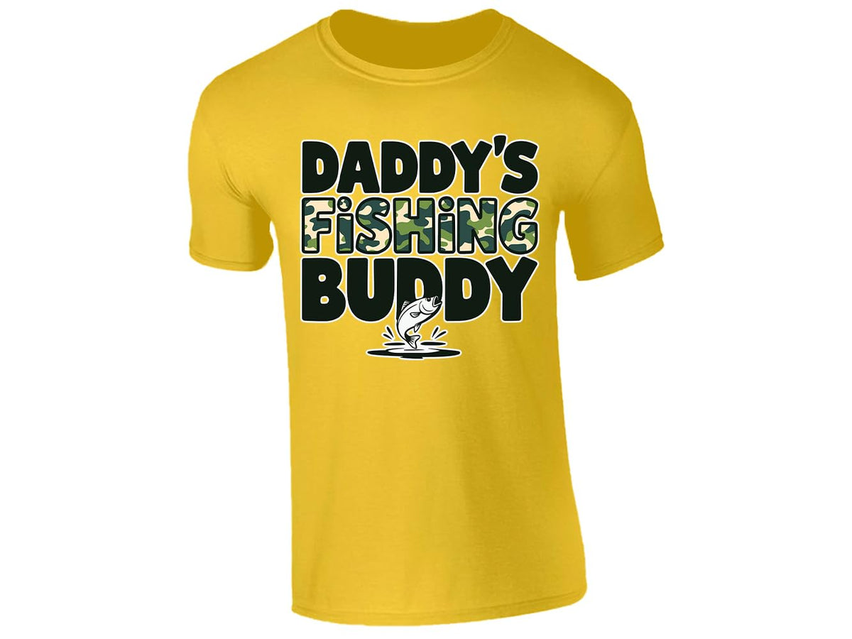 Yellow men's T-shirt with “Daddy’s fishing buddy” camo design