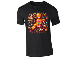 Black men's T-shirt with gingerbread man and Christmas sweets design