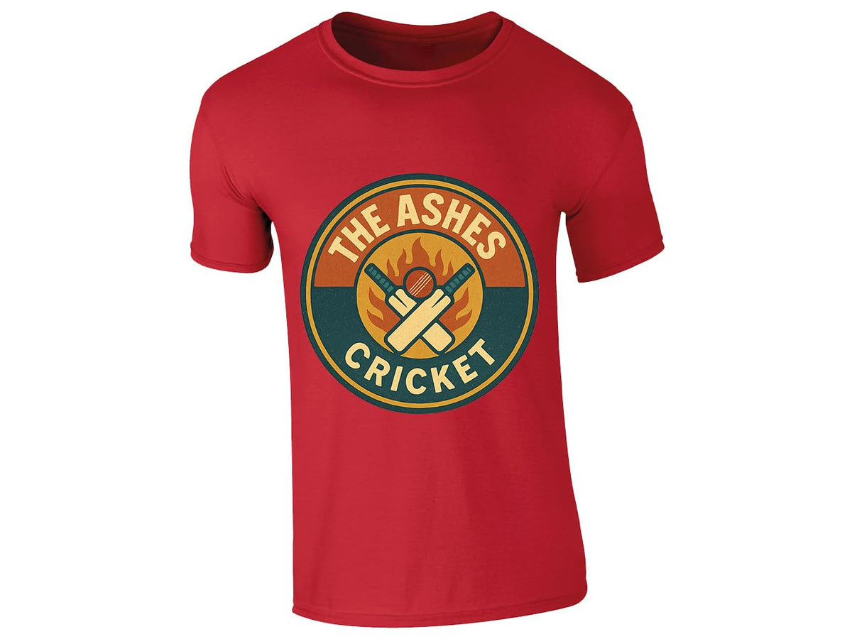 Red kids T-shirt with a round retro “The Ashes Cricket” badge with crossed bats