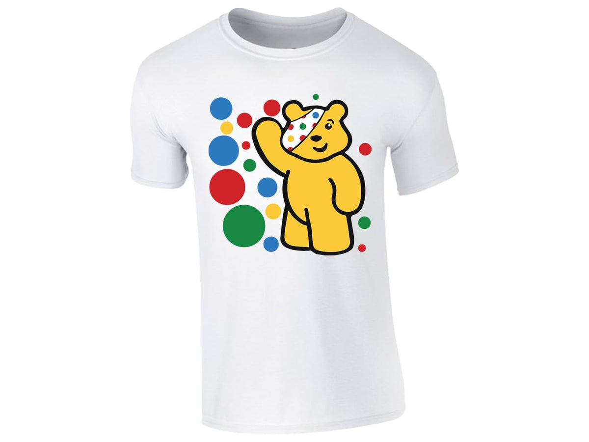 White kids' T-shirt with waving spotty bear with coloured dots design