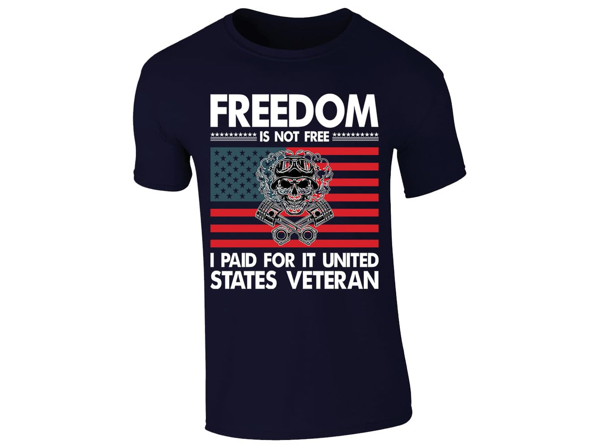 Navy men's T-shirt with “Freedom is not free – United States Veteran” flag design