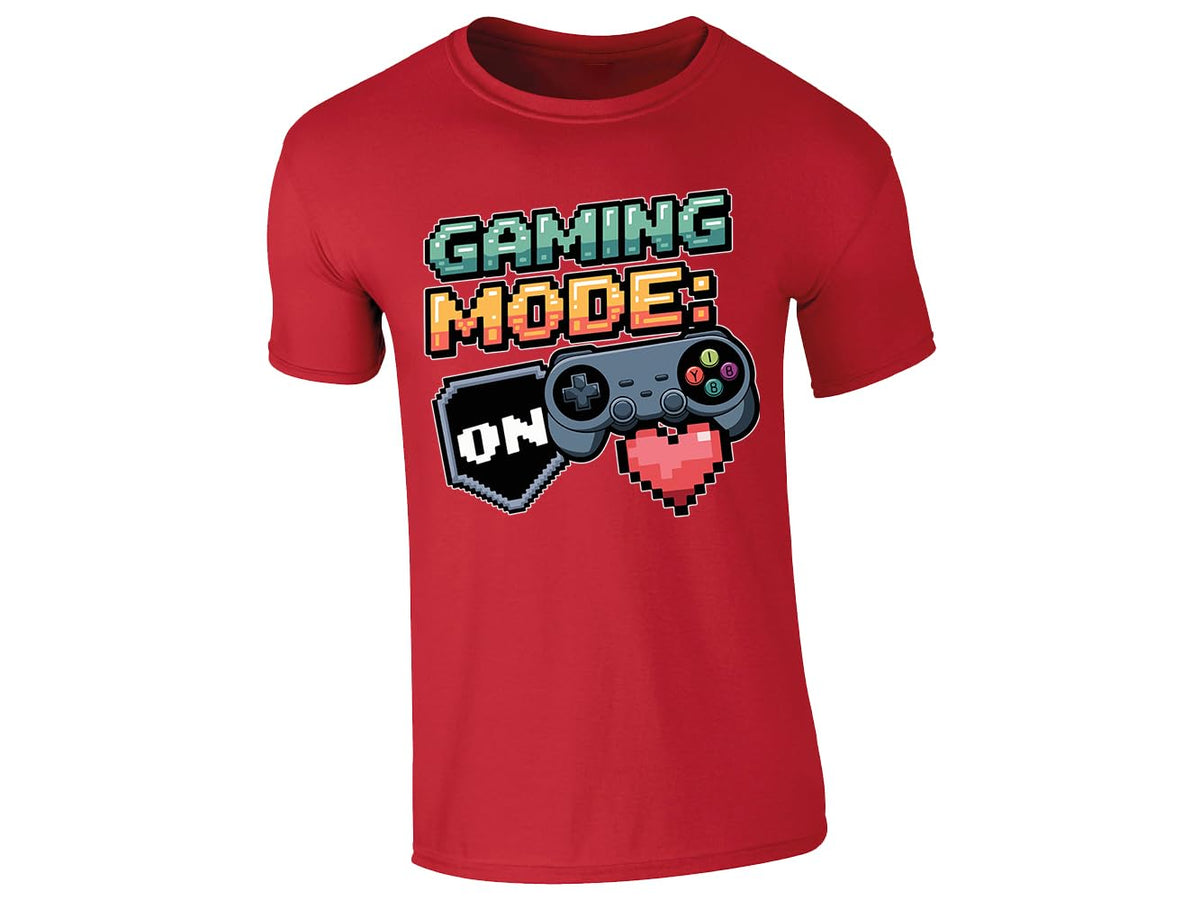 Red kids' T-shirt with “Gaming mode: ON” controller and pixel heart design