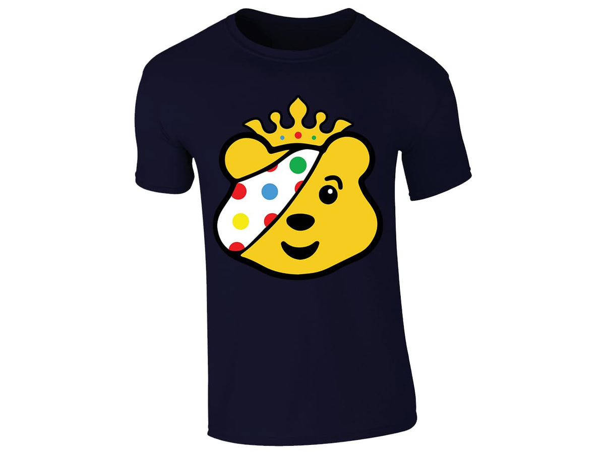 Navy men's T-shirt with crowned spotty bear face design