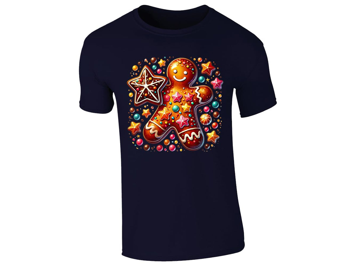 Navy men's T-shirt with gingerbread man and Christmas sweets design