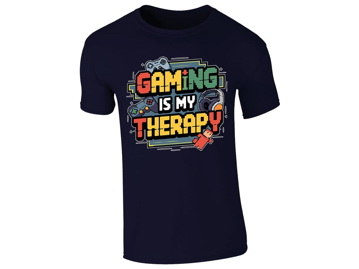 Navy men's T-shirt with “Gaming is my therapy” design