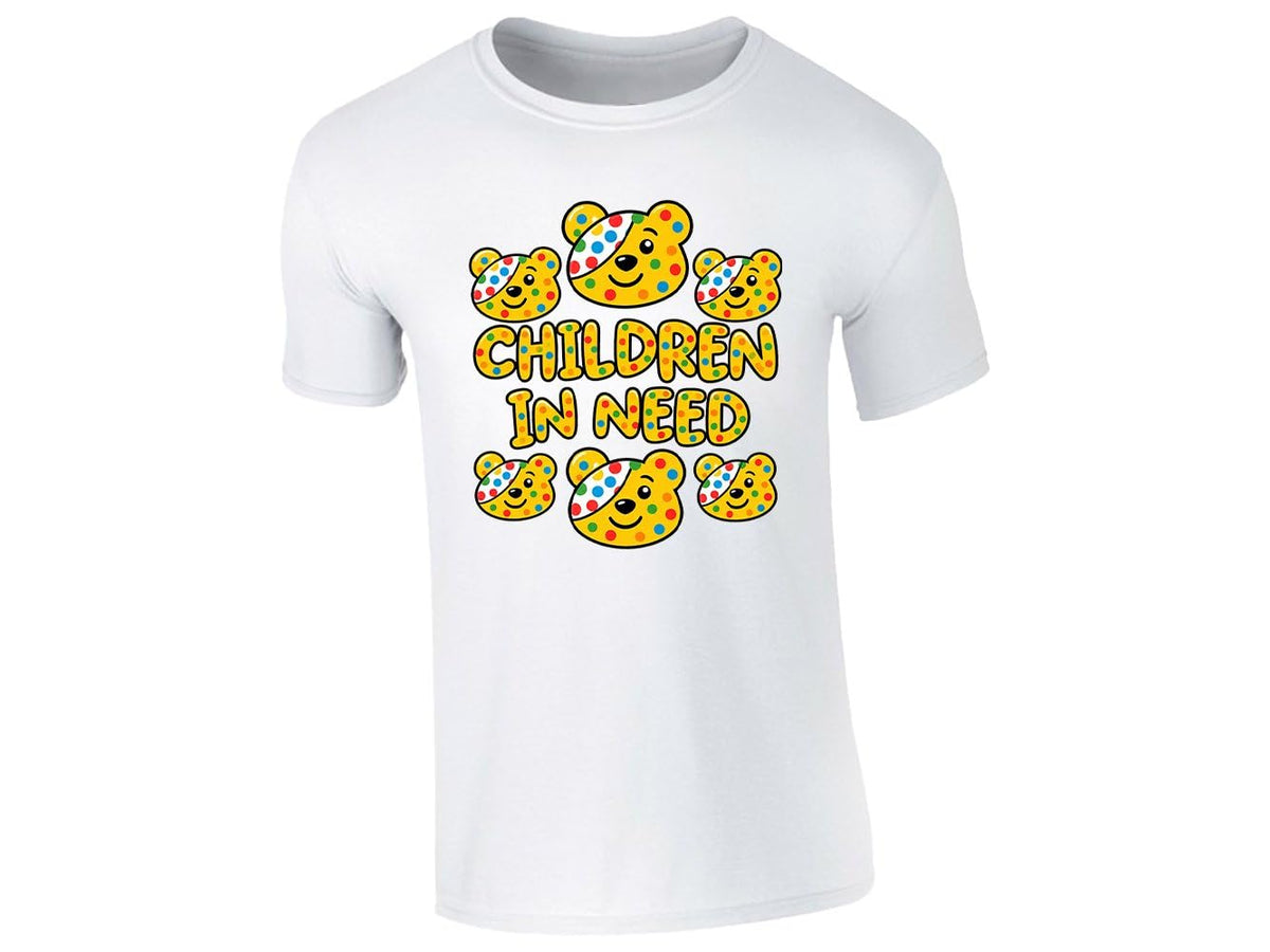 White kids' T-shirt with spotty bear faces and “Children in Need” lettering design