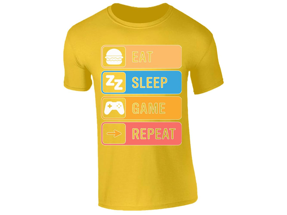 Yellow men's T-shirt with “Eat Sleep Game Repeat” icon design