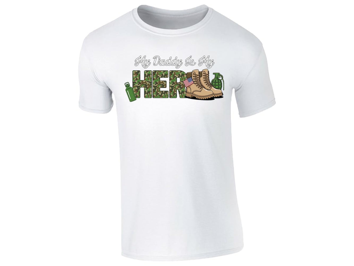 White men's T-shirt with “My daddy is my hero” military boots design