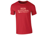 Red men's T-shirt with “Her Warlock” wand design