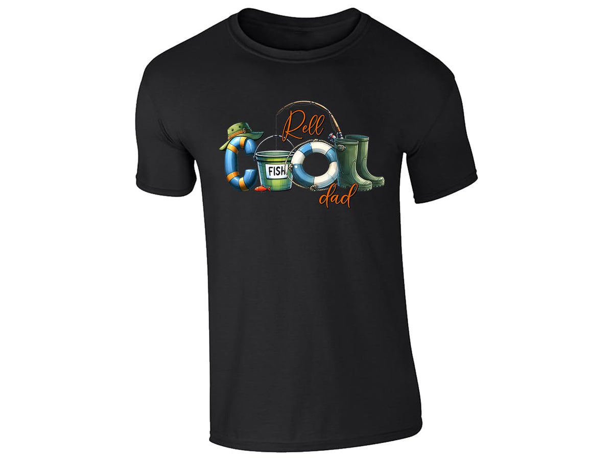 Black men's T-shirt with “Reel Cool Dad” fishing kit design