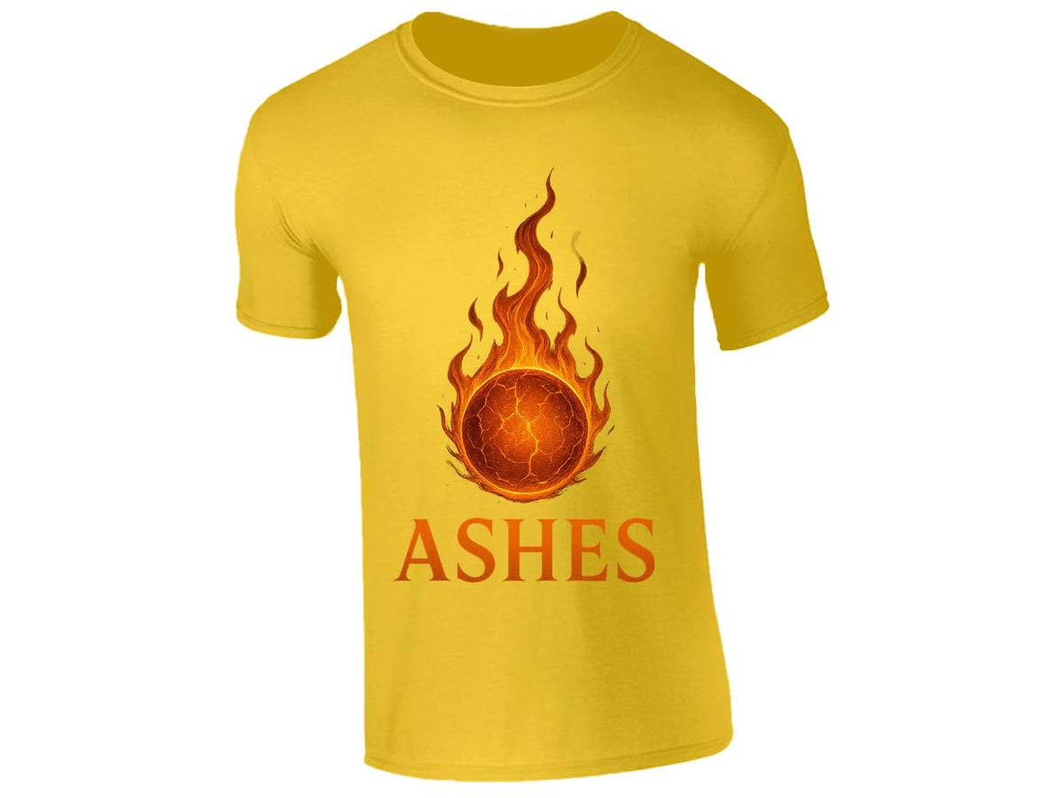 Yellow men's T-shirt with a flaming cricket ball above the word “ASHES”