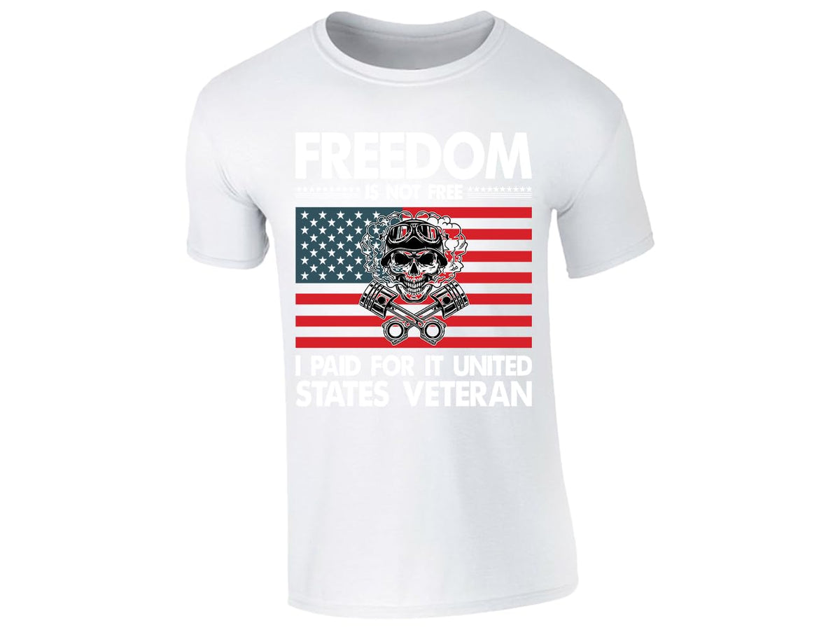 White men's T-shirt with “Freedom is not free – United States Veteran” flag design