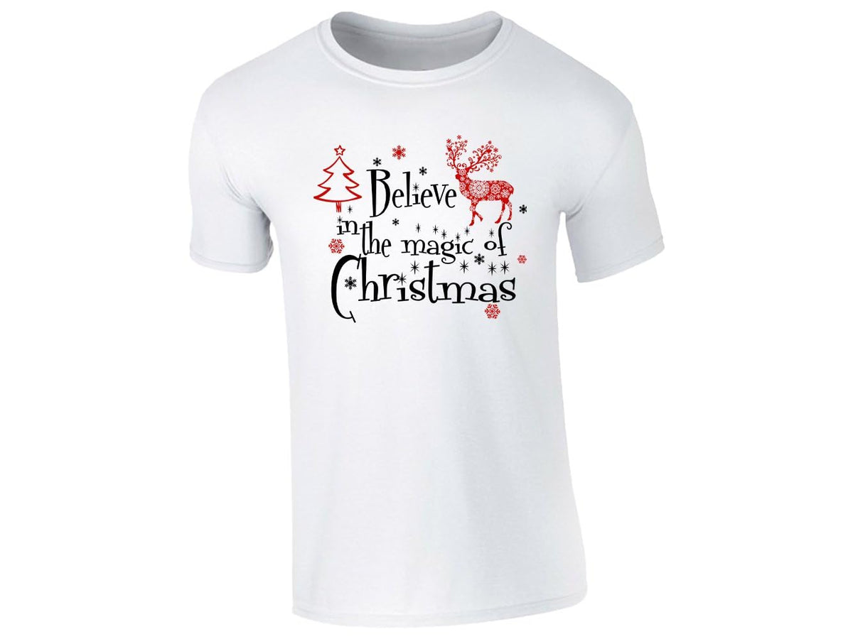 White men's T-shirt with a red reindeer, a Christmas tree and Believe in the Magic of Christmas