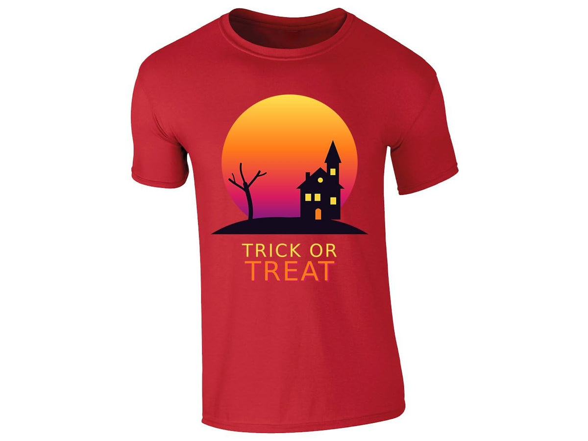 Red men's T-shirt with “Trick or Treat” haunted house design