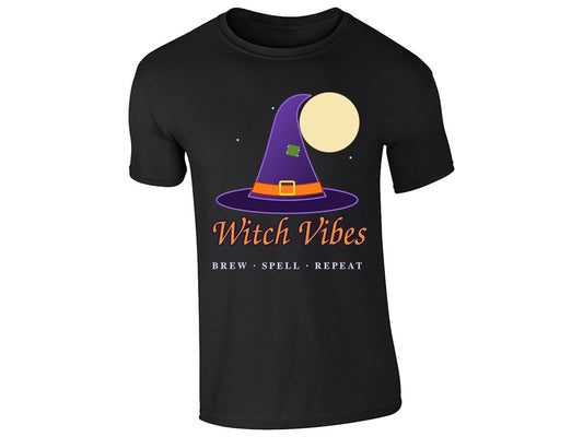 Black men's T-shirt with “Witch Vibes – Brew, Spell, Repeat” witch hat design