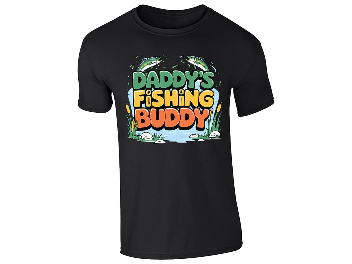 Black men's T-shirt with “Daddy’s fishing buddy” pond and fish design