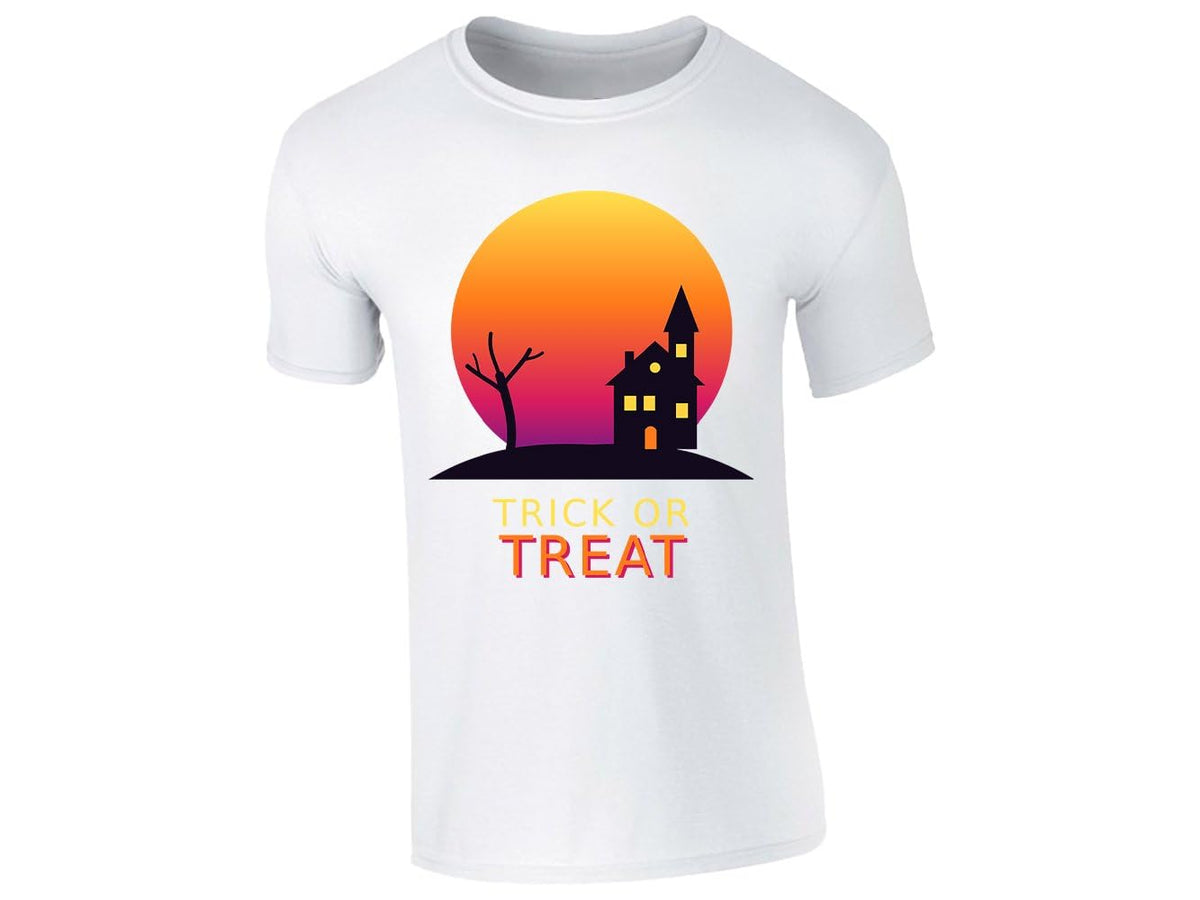 White men's T-shirt with “Trick or Treat” haunted house design