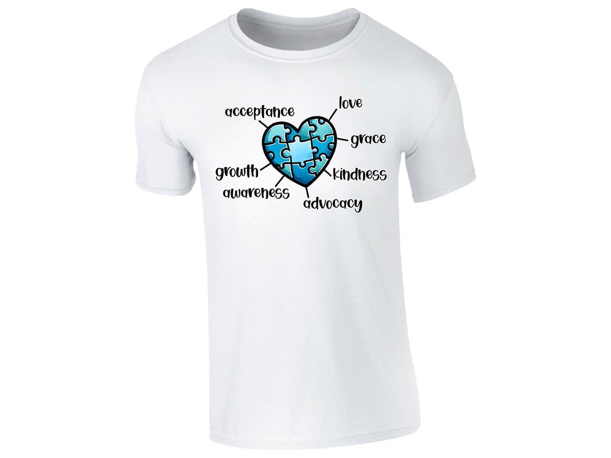 White kids' T-shirt with autism awareness puzzle heart design