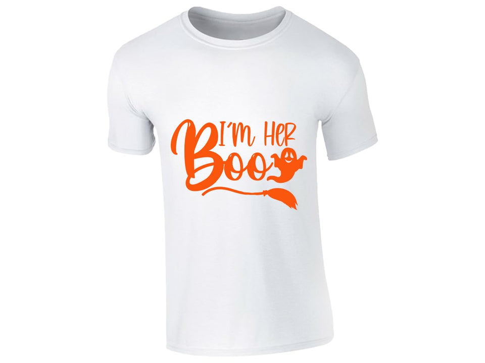 White men's T-shirt with “I’m her Boo” orange script design