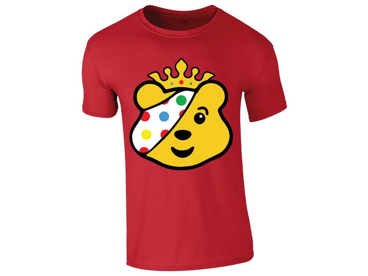 Red kids' T-shirt with crowned spotty bear face design