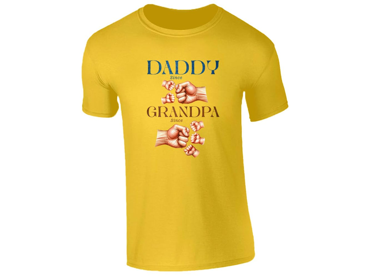 Yellow men's T-shirt with “Daddy since… Grandpa since…” fist bump design