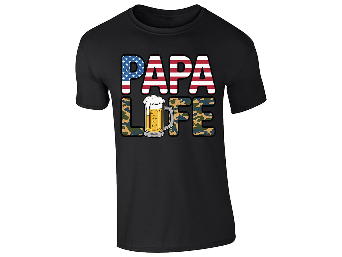 Black men's T-shirt with “Papa Life” flag, camo and beer design