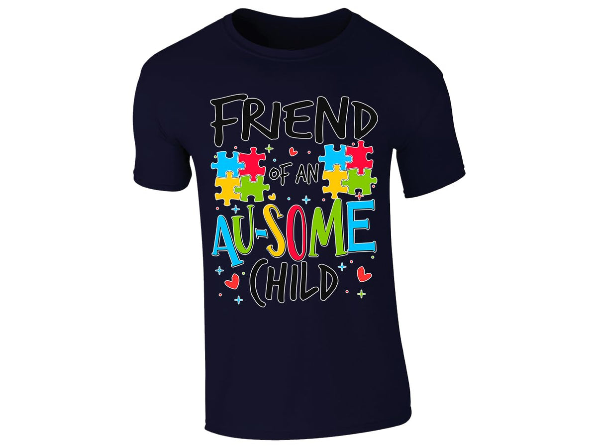 Navy men's T-shirt with “Friend of an Au-some child” puzzle piece design