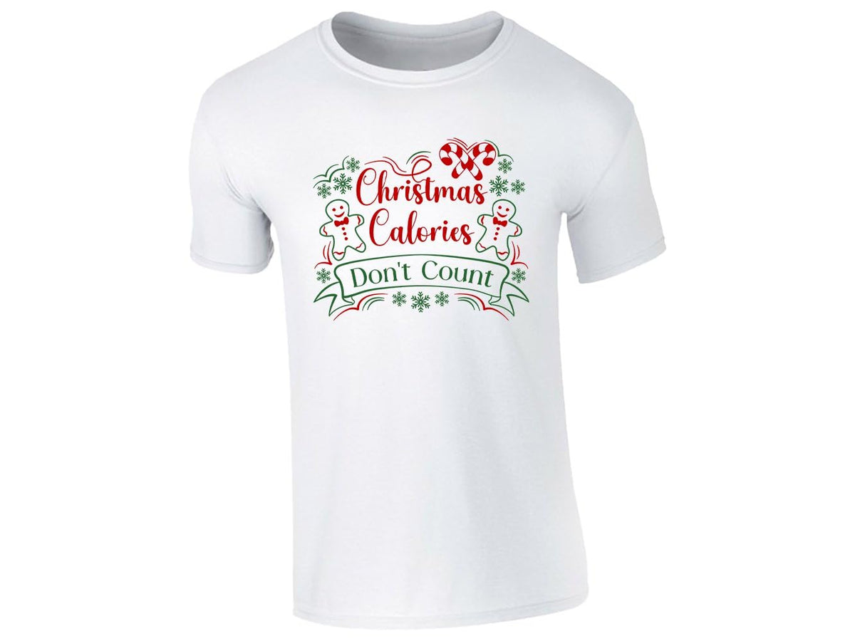 White kids T-shirt with Christmas Calories Don't Count, gingerbread men and candy canes