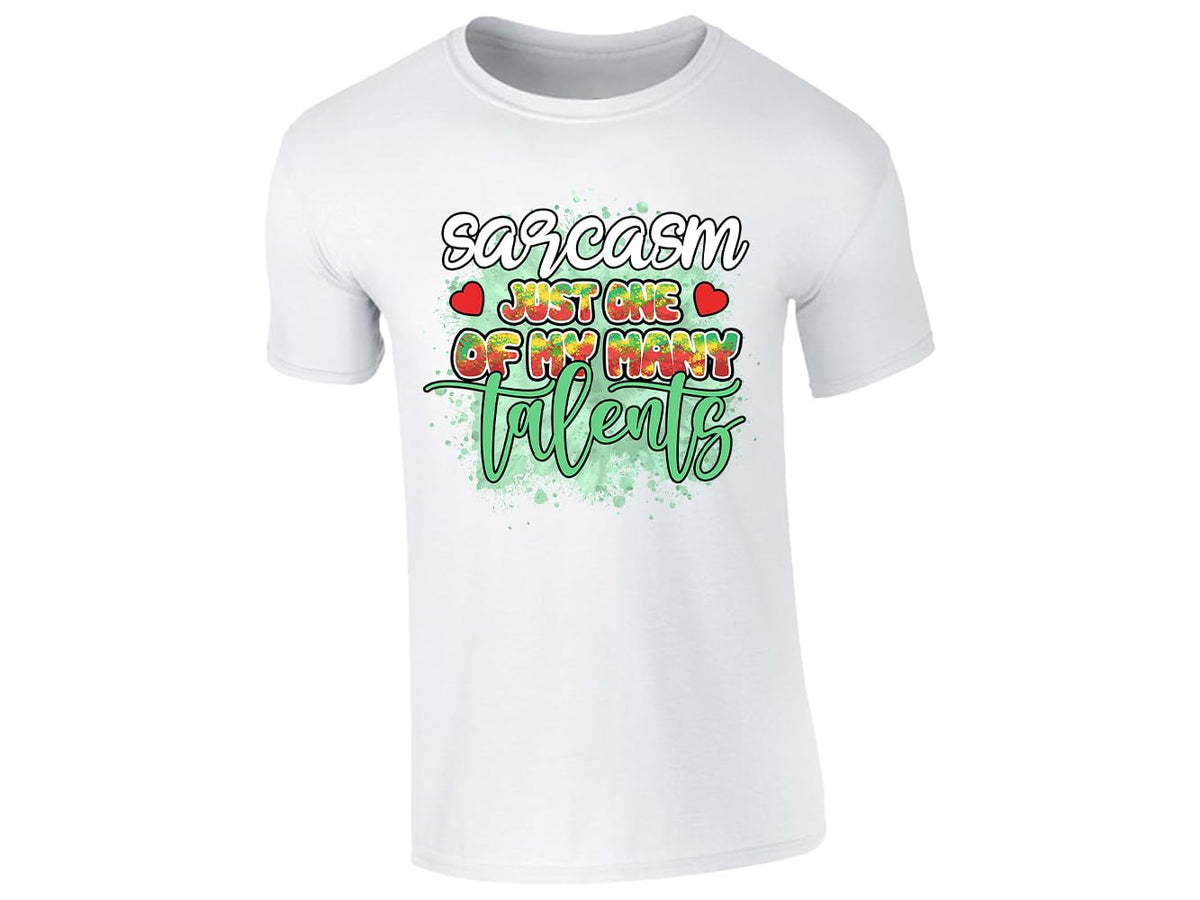 White men's T-shirt with “Sarcasm – just one of my many talents” design