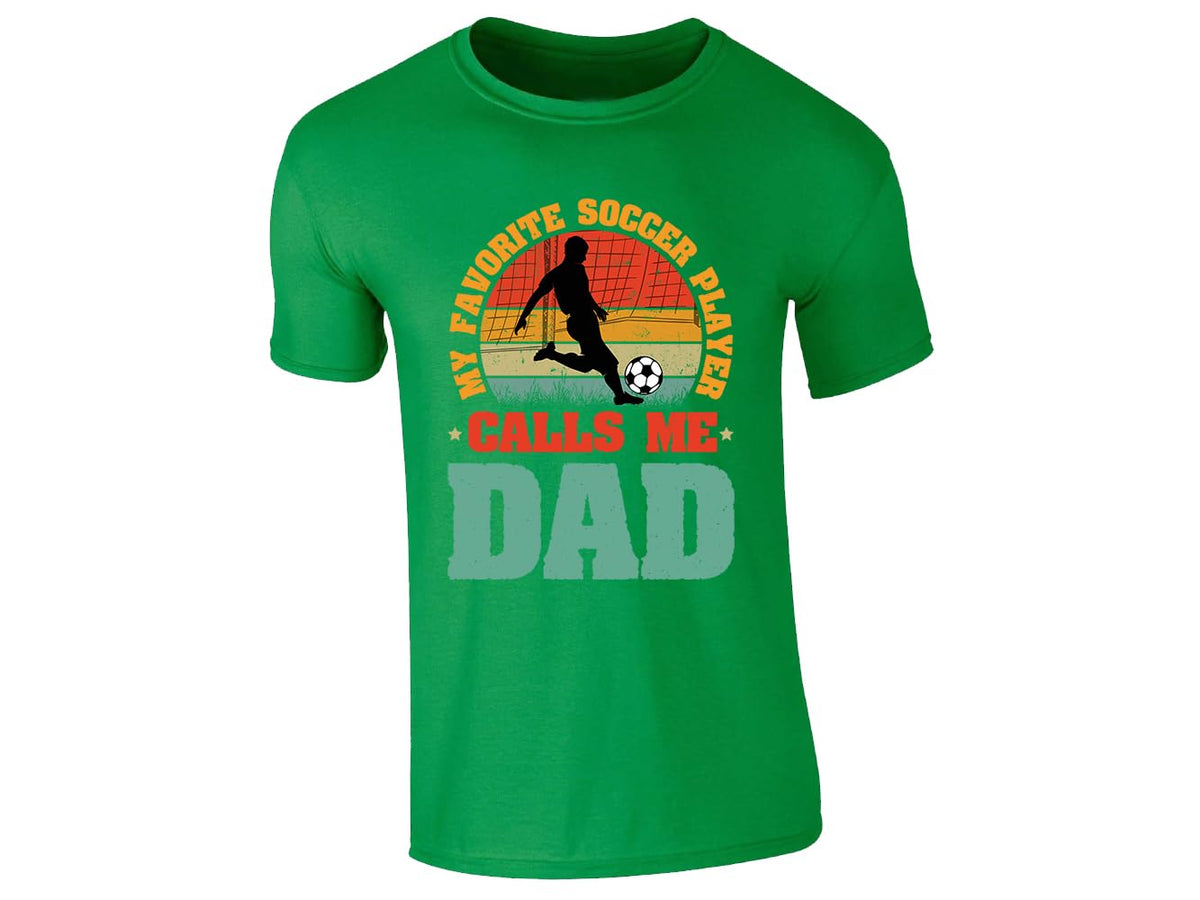 Irish Green men's T-shirt with “My favorite soccer player calls me Dad” retro sunset design