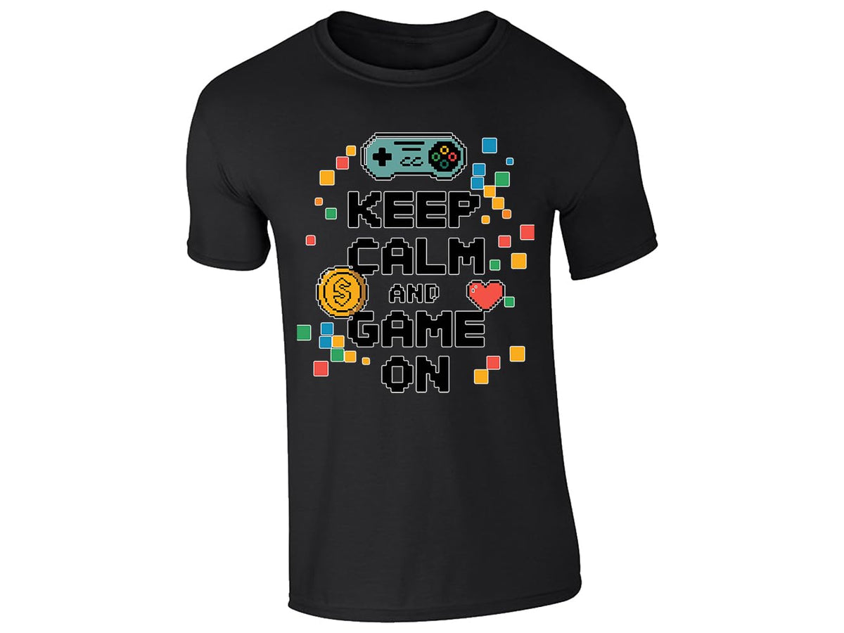 Black kids' T-shirt with “Keep calm and game on” pixel controller design